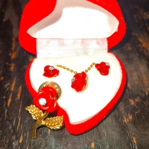 Three set,  Rose earrings,necklace, and pin